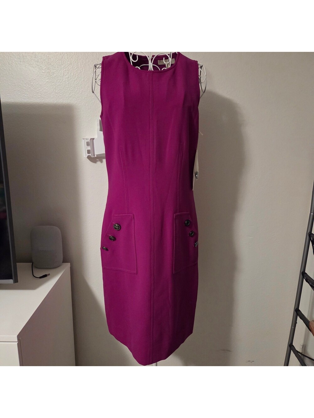 Etcetera Sleeveless Purple Sheath Dress with Button Pocket Detail
